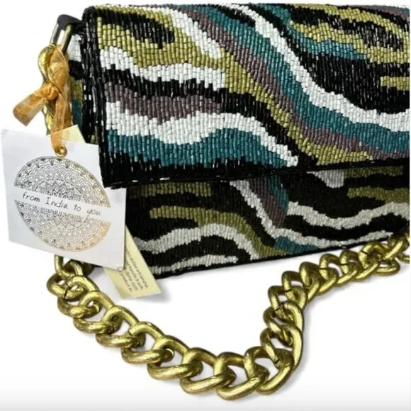 Hand Made in India Beaded Shoulder Abstract Design Bag Thick Chain NWT - Picture 5 of 6